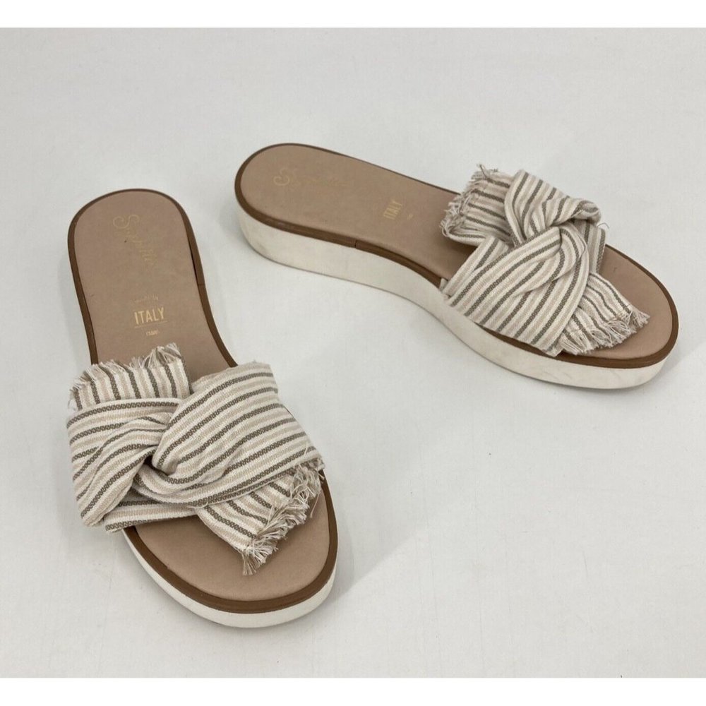 Sychelles Coast Slide Sandals Neutral Stripe Fringe Platform Anthropoloie Size 8
